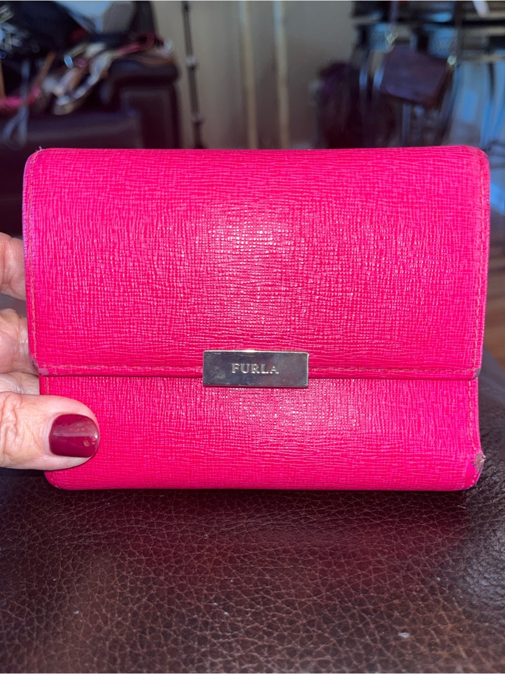 Furla small compact fuchsia Tri- fold Saffiano textured leather wallet.